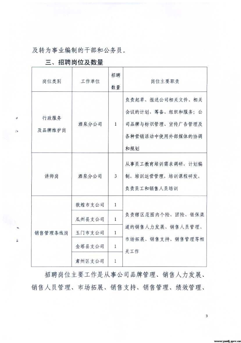 关于中国人寿酒泉分公司面向全市大学生“村官”开展专项招聘工作的通知